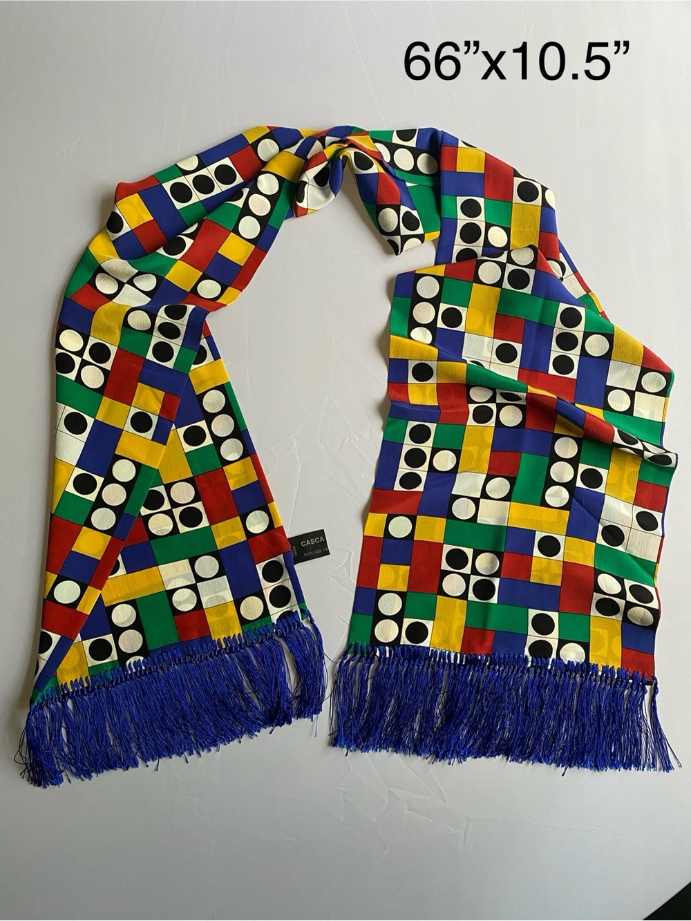 Amazing Vintage Casca Double-Face Silk Scarf w/ Geometric Pattern and Fringe